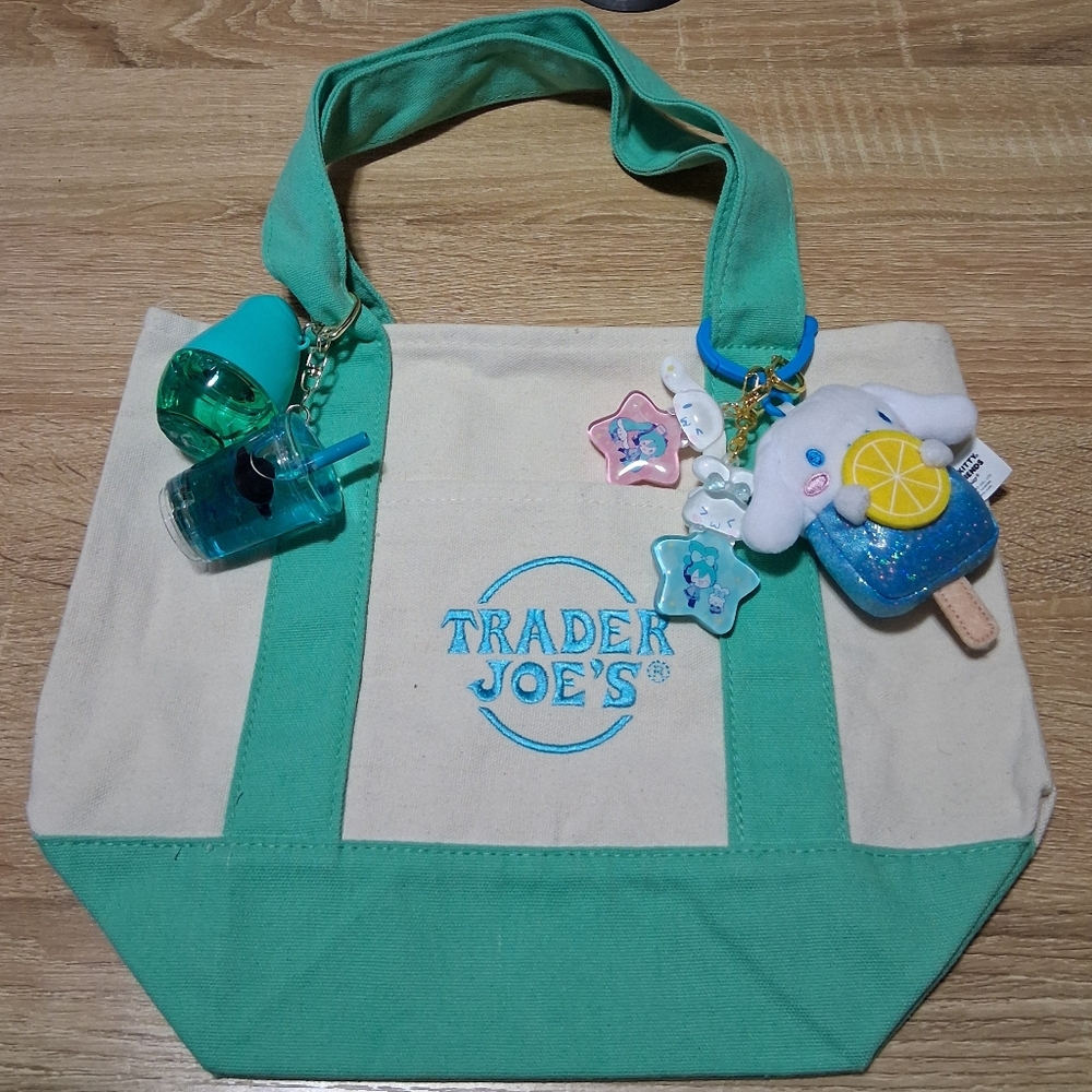 Trader Joe's Teal, Blue and Cream Tote Bag with Sanrio Keychains and Sanitizer
